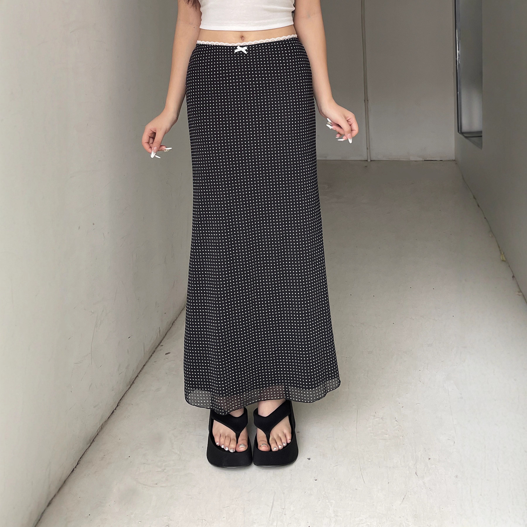 C3252Sk European and American Cross-Border French Polka Dot Element Waist Lace Splicing Long Skirt Sexy Hip-Covering Skirt