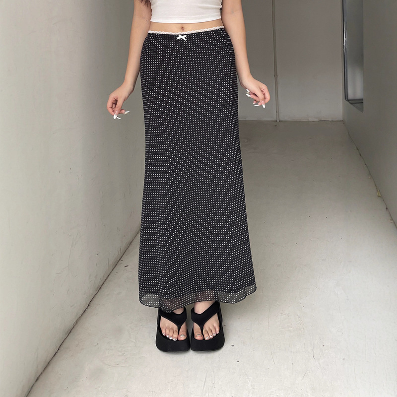 C3252Sk European and American Cross-Border French Polka Dot Element Waist Lace Splicing Long Skirt Sexy Hip-Covering Skirt