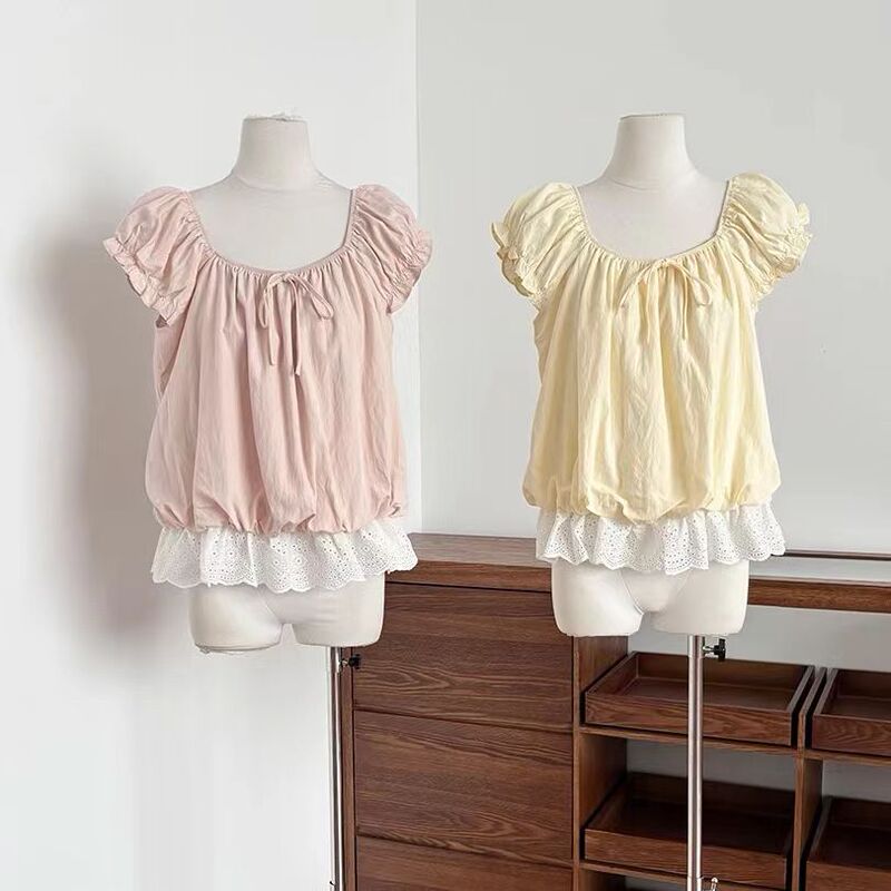 2026 New French-Style Artistic Sweet Ruffled Tie-Up Shirt for Women, Summer Puff Sleeve Lace Patchwork for Petite Sizes 2026 New French-Style Artistic Sweet Ruffled Tie-Up Shirt for Women, Summer Puff Sleeve Lace Patchwork for Petite Sizes