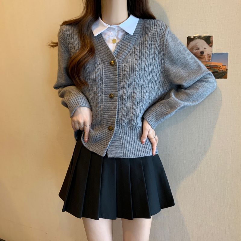 毛衣女款2025秋冬季新款拼接假两件衬衫针织开衫时尚长袖短款上衣|undefined