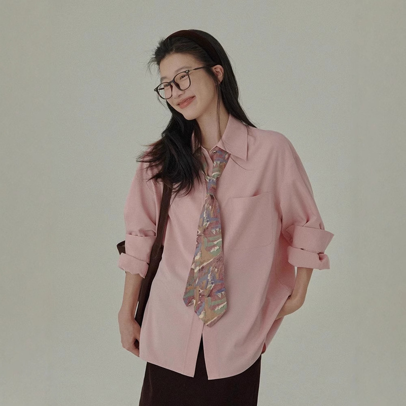 Spring Restaurant New White Peach Mint Refreshing Shirt Women's Loose Draping Not Wrinkle Basic Pink Shirt Top
