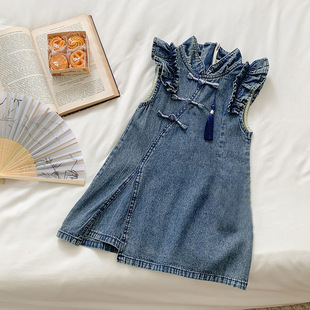 Girls' Button-Down Denim Cheongsam Skirt Summer New Baby Girl's National Style Flying Sleeve Dress Thin Denim Skirt Wholesale