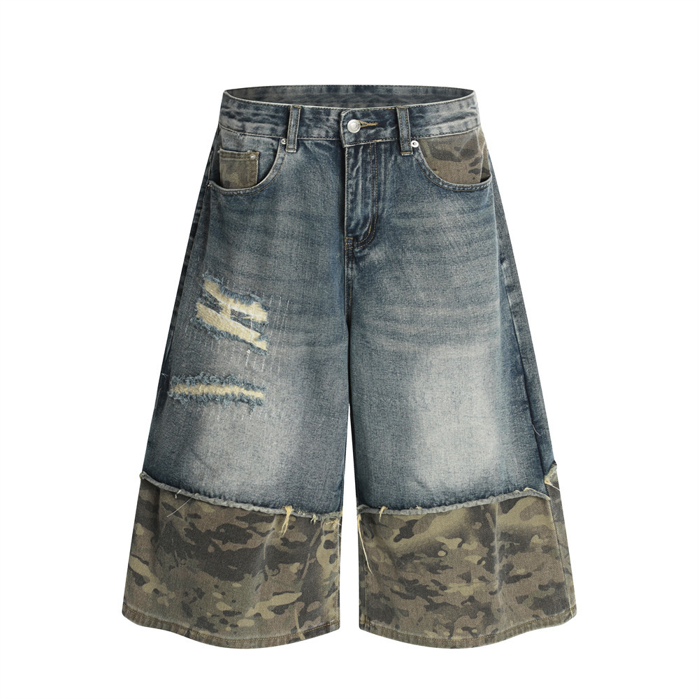 Pantaloncini di jeans camo patchwork da uomo effetto distressed_voghion.com