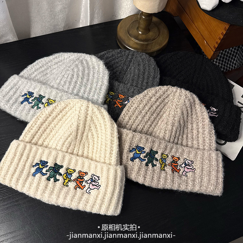 拼色针织小熊毛线帽子女款秋冬韩版韩国减龄保暖防寒护耳套头帽潮|undefined