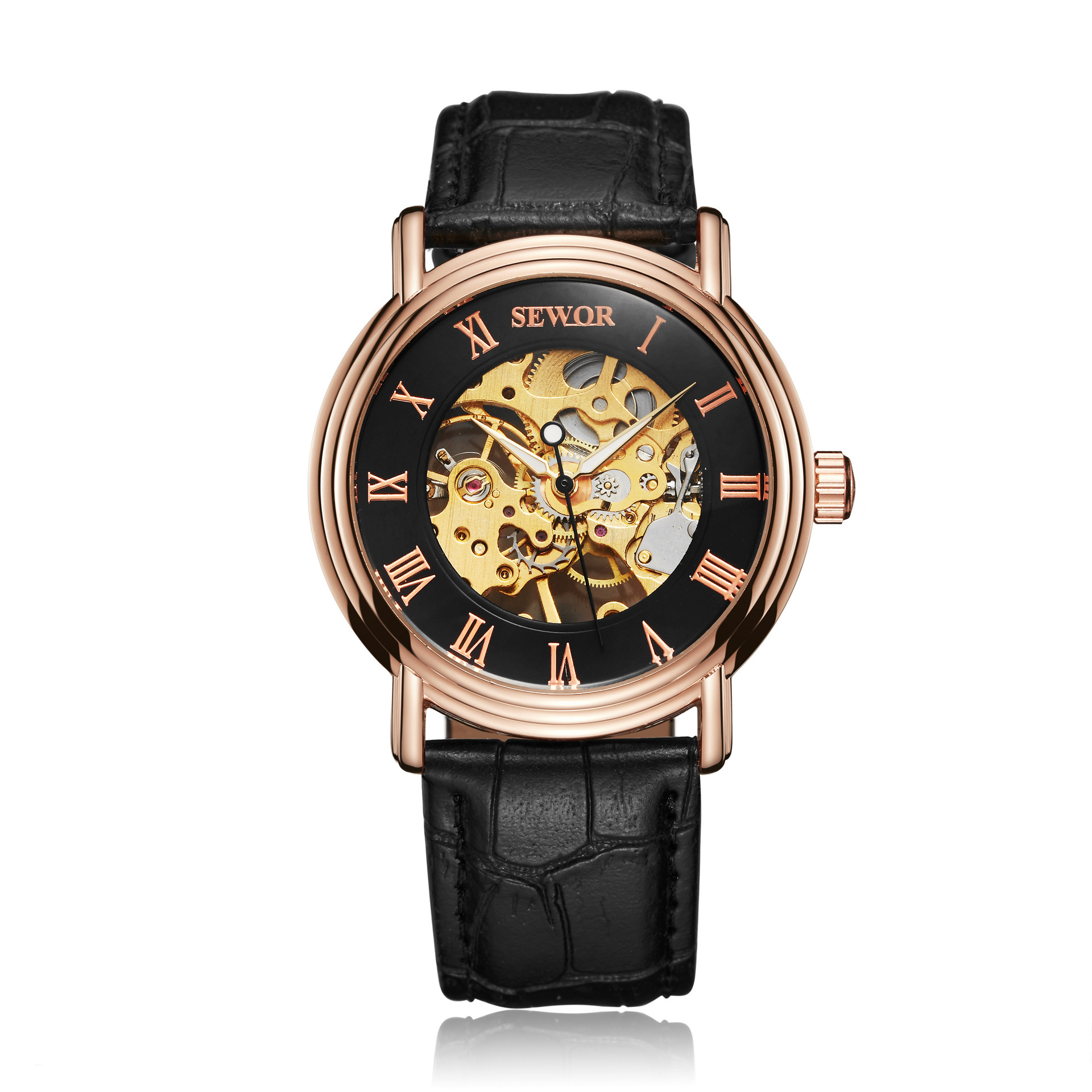 SEWOR reloj mecánico semiautomático para hombre reloj de correa de fondo transparente hueco reloj mecánico manual 01
