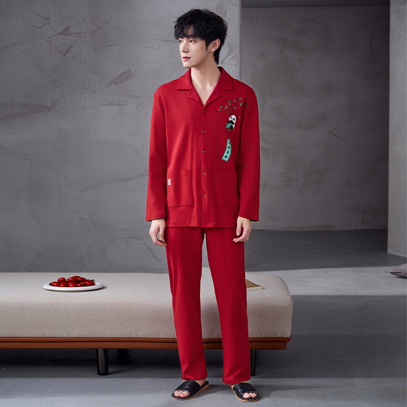 Pijama de hombre primavera y otoño de algodón rojo pantalones de manga larga para niños 2024 nuevo estilo de ropa de hogar de verano