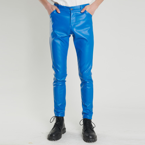 Men's Elastic Fitted Green and Blue Dance Performance Bar Brown Hair Salon Trendy Cool Jeans