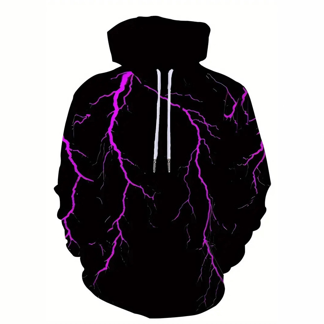 Pull à capuche 3D pour homme, imprimé numérique, motif éclair et flamme, manches longues._voghion.com