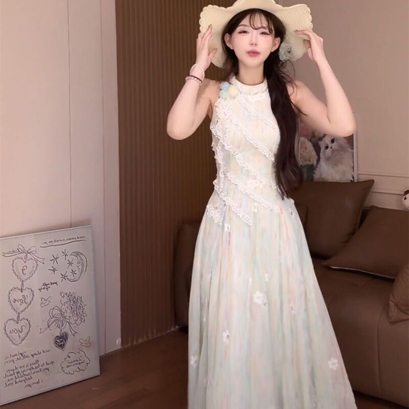 法式蕾丝拼接茉莉甜美青绿夏季花朵连衣裙设计新款显瘦收腰长裙子|undefined