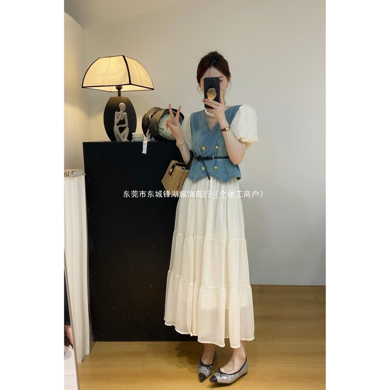 牛仔两件套连衣裙女2025夏季新款气质显瘦短袖外套中长款|undefined