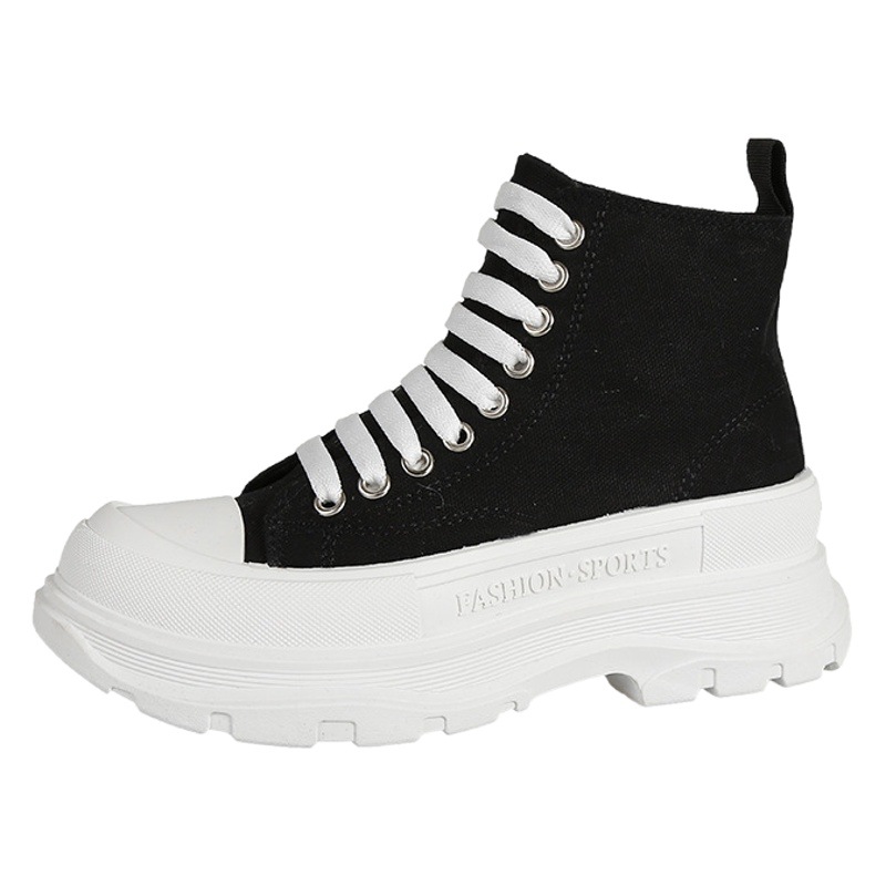 Primavera y verano nueva lona alta-top blanco zapatos de las mujeres de los hombres McQueen de suela gruesa altura aumento de la pareja casual todo-Partido ins zapatos de una sola capa