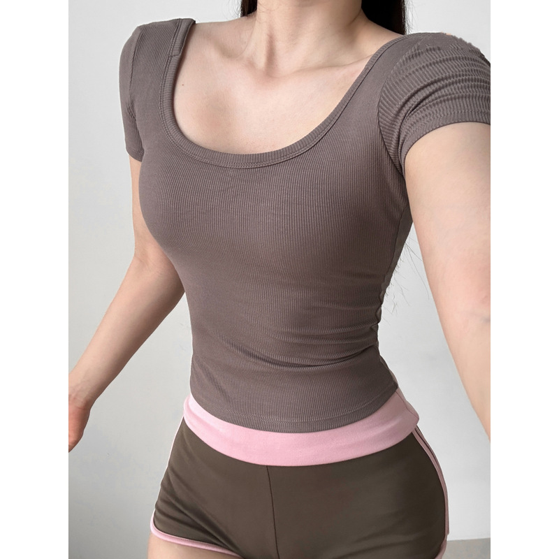 Running Slim Sports Short-Sleeved T-Shirt Yoga Top Women's Slimming Look Fitness Wear T-Shirt with Chest Pad One Cup 8179