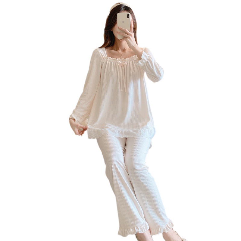 Primavera y otoño nuevos pijamas de las mujeres fuera del cuello de manga larga arco de color sólido dulce lindo traje de desgaste para el hogar se puede usar fuera