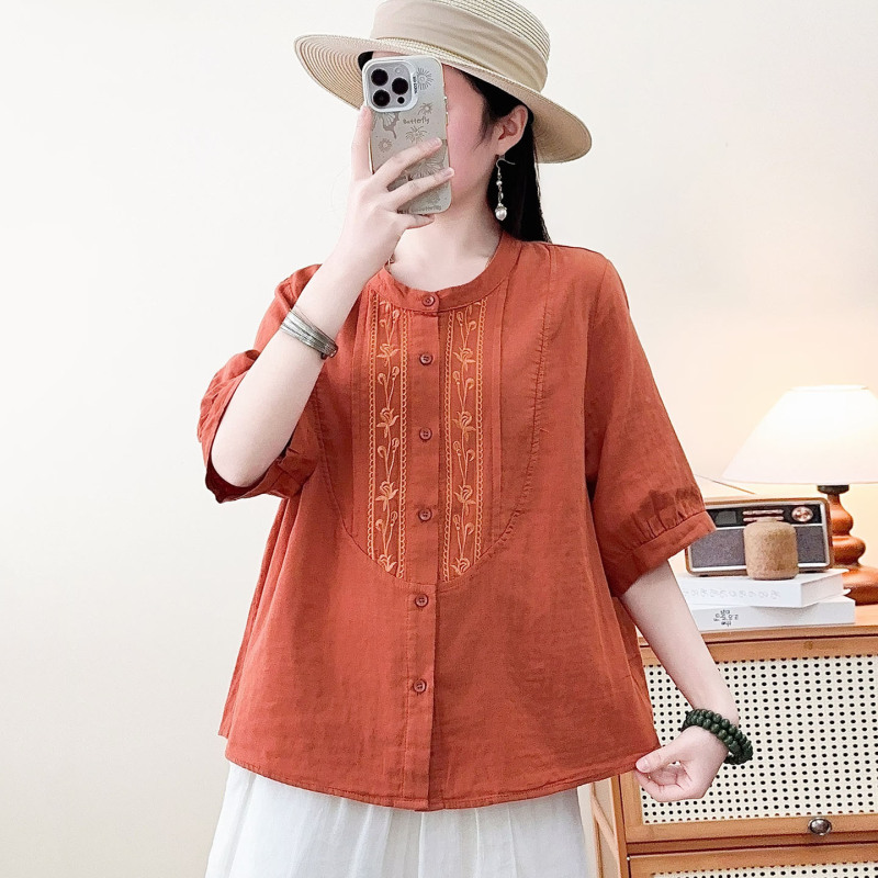 Artistic and Fashionable Summer New Style Double-Layer Cotton Gauze Baby Cotton Cardigan Embroidered Loose-Fitting Elegant Round-Neck Short-Sleeve Shirt