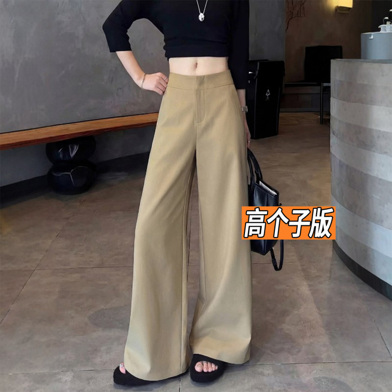 Khaki Women's Suit Pants, Extended Length for Tall Individuals, Spring Season, Drapey, Old Money Style, Casual Straight Wide-Leg Pants Khaki Women's Suit Pants, Extended Length for Tall Individuals, Spring Season, Drapey, Old Money Style, Casual Straight Wide-Leg Pants
