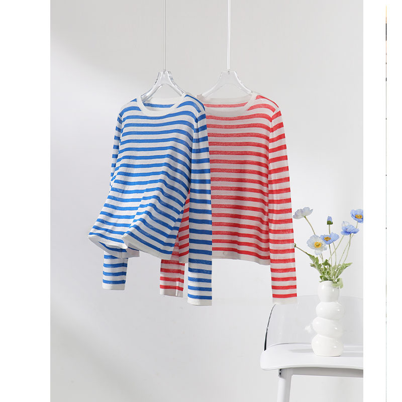 Coastline Knitwear, Tencel Linen Stripes, Skin-Friendly Round Neck, Long-Sleeved Sun Protection Shirt, Casual and Versatile Urban Style