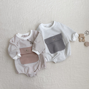 Baby Autumn Jumpsuit Korean Children's Clothing Baby Sweatshirt Stripesd Large Flap Pocket Pants Romper Newborn Autumn Clothing Bag Fart Clothing