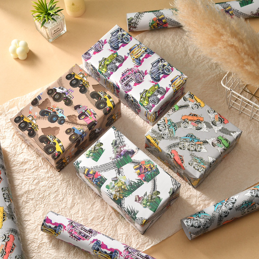 Amazon nuevo coche de dibujos animados dinosaurio papel recubierto papel de regalo de vacaciones para niños papel de regalo