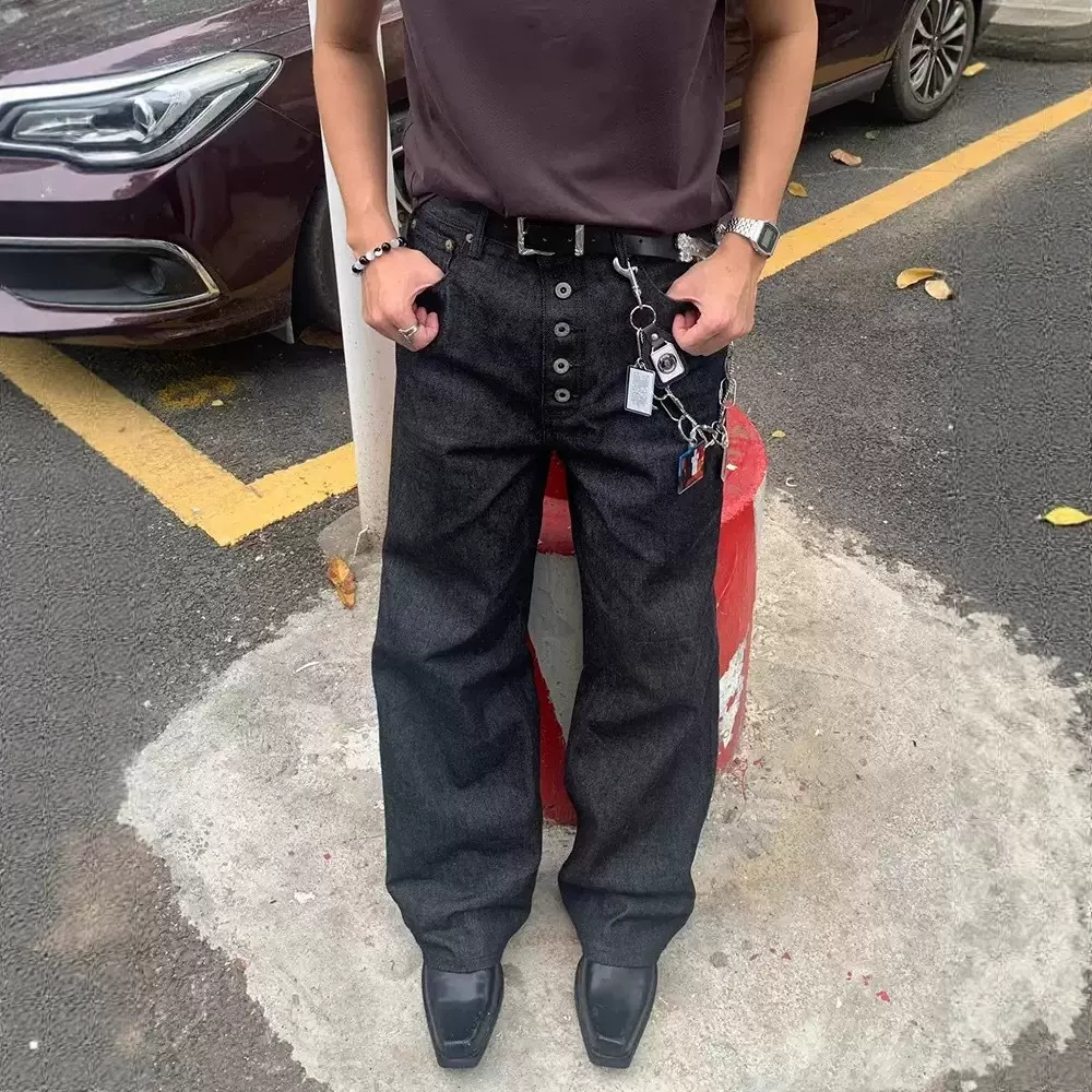 高货 五连扣未脱浆原牛14oz宽松固色直筒A字阔腿baggy牛仔长裤