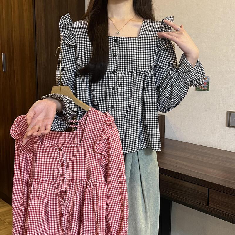 Sweet Plaid Long-Sleeved Shirt for Women, Spring Short Style, Cute Babydoll Shirt, Unique and Chic Top, New Style