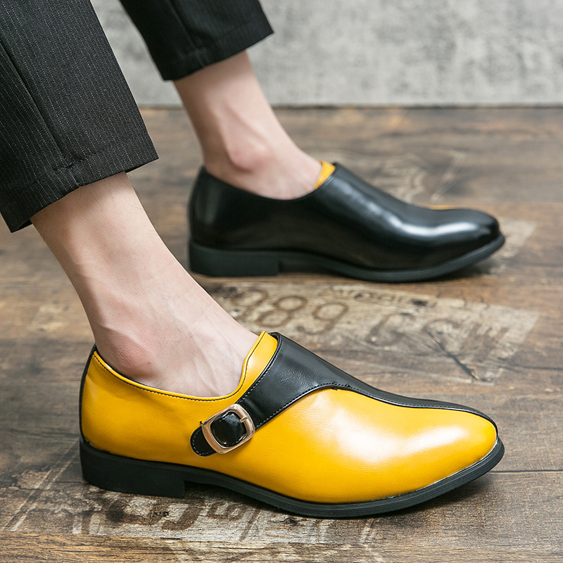 Cross-Border Men's Buckle Color-Blocked Pointed Leather Shoes British Style Formal Casual Shoes Large Size Monk Shoes Office Men's Shoes