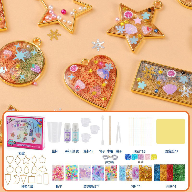 Accesorios de epoxi de cristal de bricolaje hechos a mano para niños, paquete de material, pintura de pegamento sin hornear, mochila, accesorios colgantes, juguetes de juego