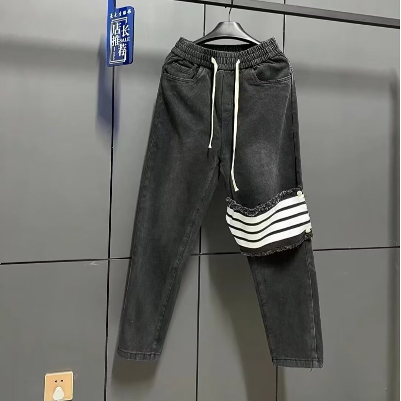 男装夏季新款高街潮牌四道杠膝盖贴布牛仔裤宽松休闲百搭直筒长裤