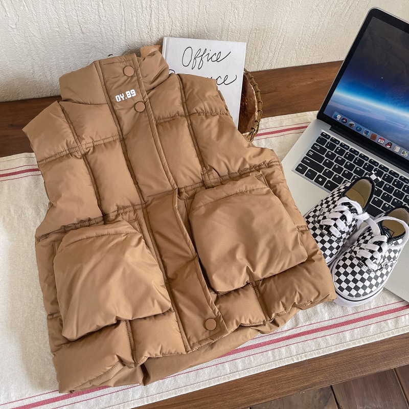 Ropa para niños chal de algodón grueso mediano y grande color sólido para niños cálido abrigo coreano Otoño e Invierno Chaleco de algodón invierno para niños marrón