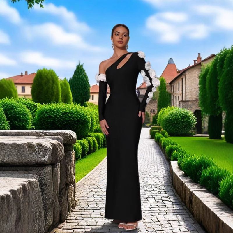 Three-Dimensional Floral Sexy Cut-Out One-Shoulder Long-Sleeve Bandage Dress, Fashionable Design, Elegant Party Dress for Women