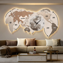 轻奢世界地图客厅装饰画办公会议室月球发光画沙发带钟表壁画挂画