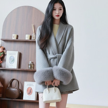 暮色巴黎 重磅狐狸毛袖口蚕丝羊驼毛双面呢大衣 青果领短浴袍外套