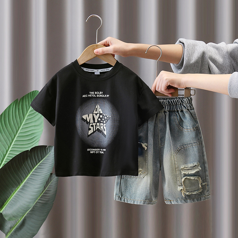 7129 Traje de verano para niños Cool y guapo, estrella de cinco puntas, camiseta de manga corta, pantalones cortos, traje de dos piezas de verano para niños