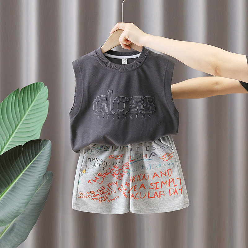 5601 traje de chaleco para niños 2025 nuevo estilo estilo occidental bebé verano sin mangas ropa niño verano traje de dos piezas marea