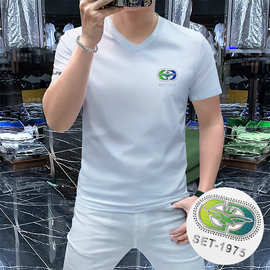 2025夏季男士v字领短袖休闲修身男装半截袖鸡心领丝光棉潮流烫钻