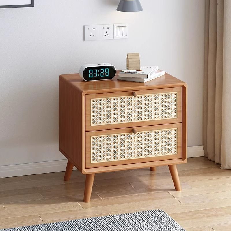 Rattan Bedside Table Solid Wood Cherry Color Scandinavian Simple Modern Creative Mini 2025 New Storage Cabinet Bedside Cabinet