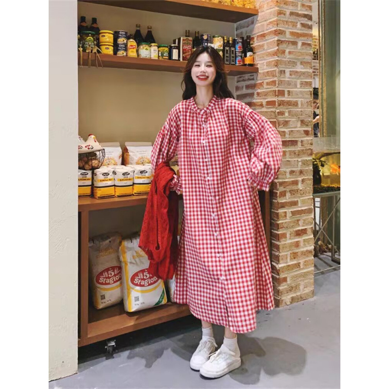 红色格子连衣裙女春秋小清新日系衬衫裙|undefined