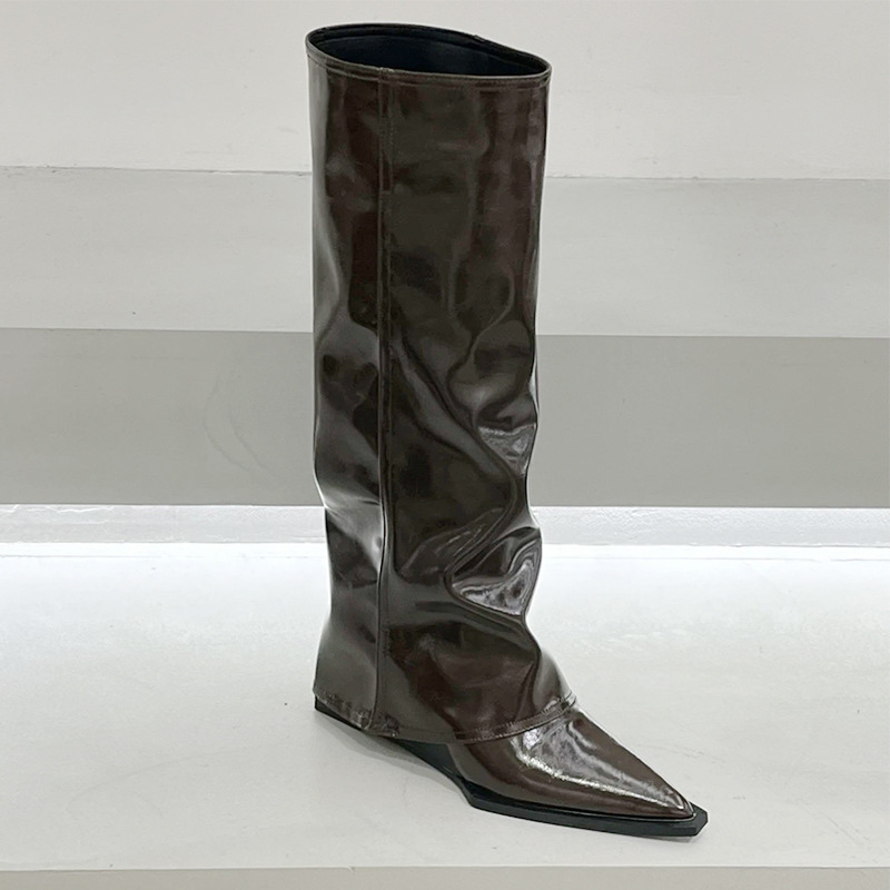 Wedge Pants Boots High Heel Boots Women's European and American Hot Girls High Boots Pointed Black Patent Leather Trousers Boots