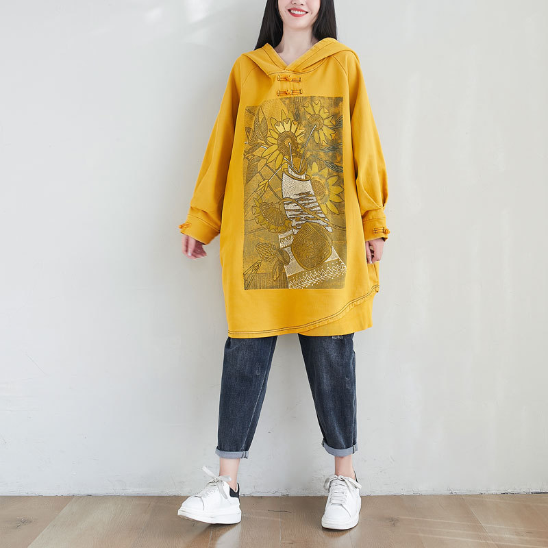 流浪记文艺大码连帽中长款向日葵卫衣个性盘扣不规则宽松连衣裙|ru