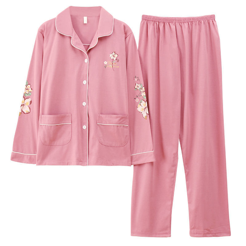 Pijamas de algodón puro primavera y otoño de las mujeres de manga larga más el tamaño cardigan traje de las madres de mediana edad y ancianos ropa de casa al aire libre