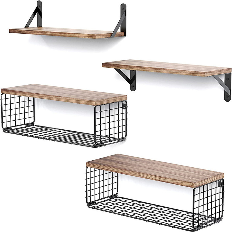 Amazon フローティングシェルフ 木製ウォールシェルフ バスルームシェルフ 電線付き 収納バスケット 寝室 キッチン リビングルーム 木製収納ラック|undefined