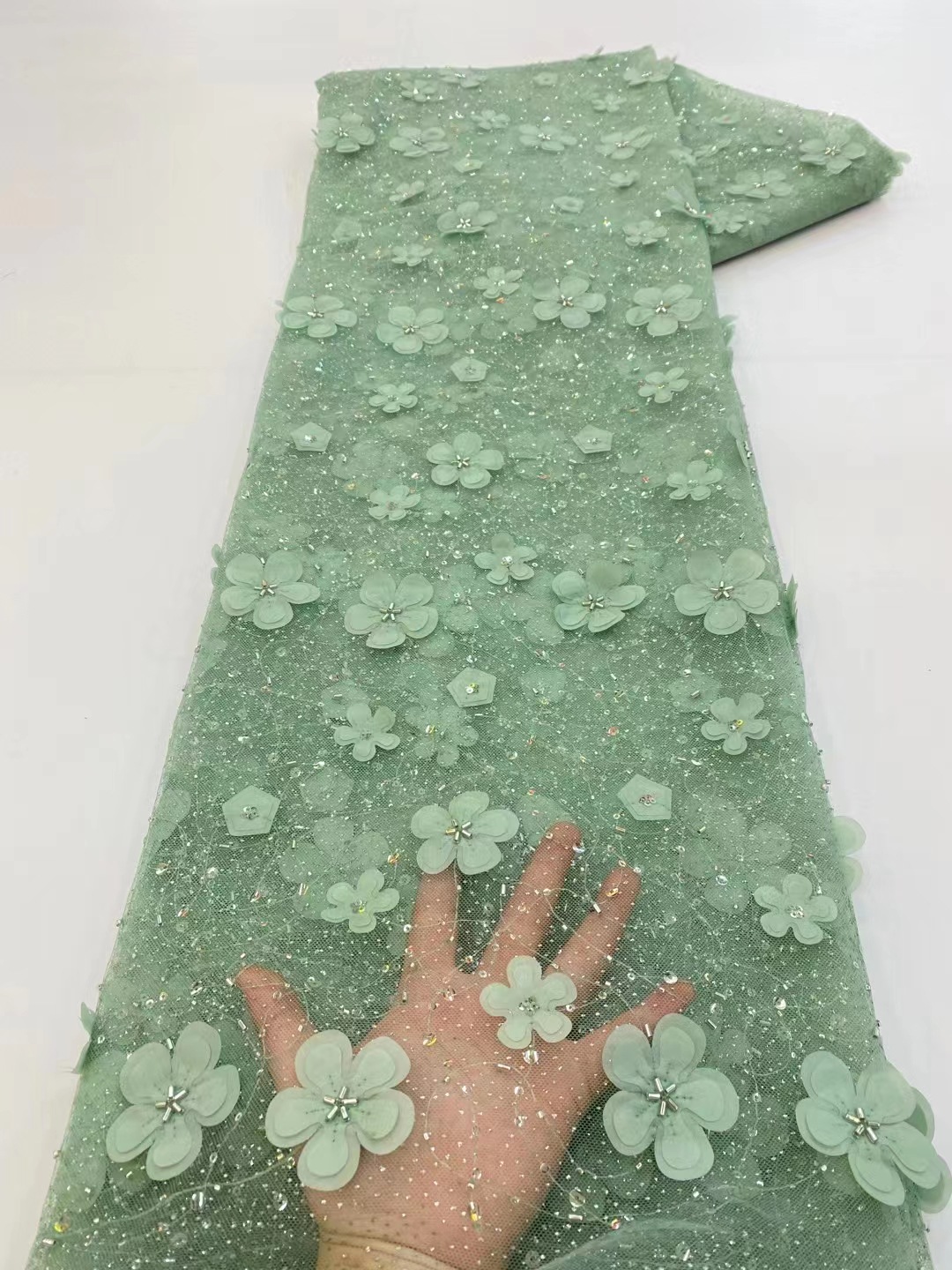 Tela de encaje de flores tridimensional con cuentas ropa infantil fresca vestido de hadas tela de encaje bordado JX3429