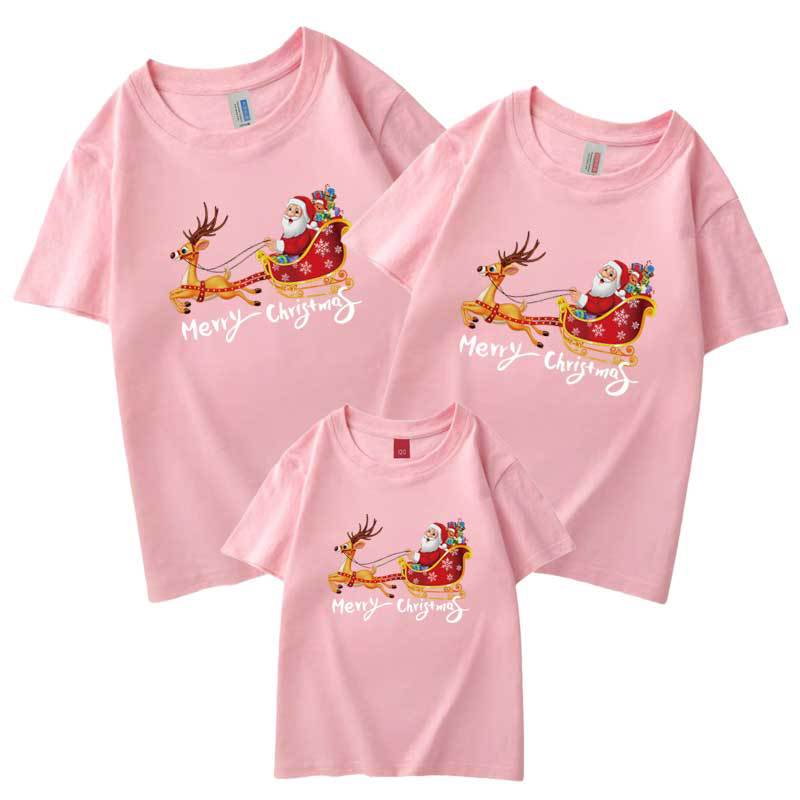 Nueva camiseta de media manga de algodón para padres e hijos de verano 2022 Navidad alces carruaje Santa Claus Día de Año Nuevo ropa de clase