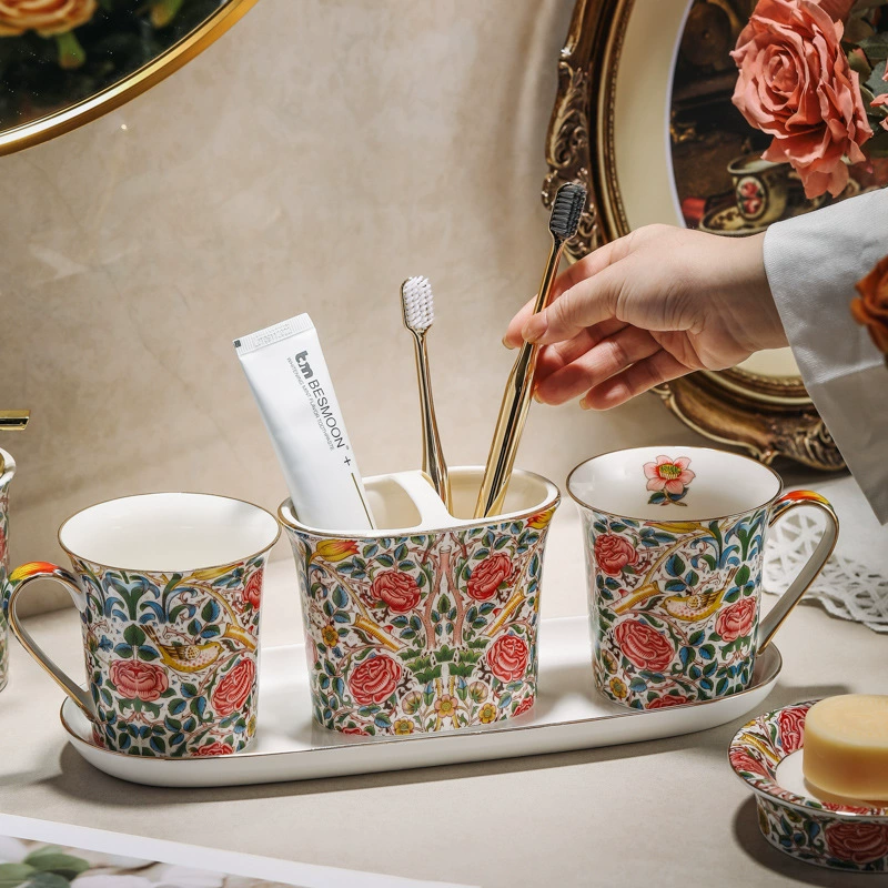 Ceramic set contains rose for home use, mouthwash for beloved, toothbrush, mousse