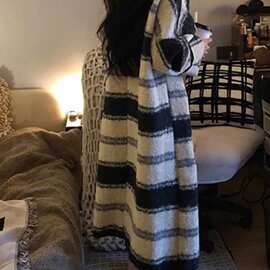 秋冬韩版慵懒风宽松撞色条纹中长款长袖大衣女气质羊卷毛过膝外套