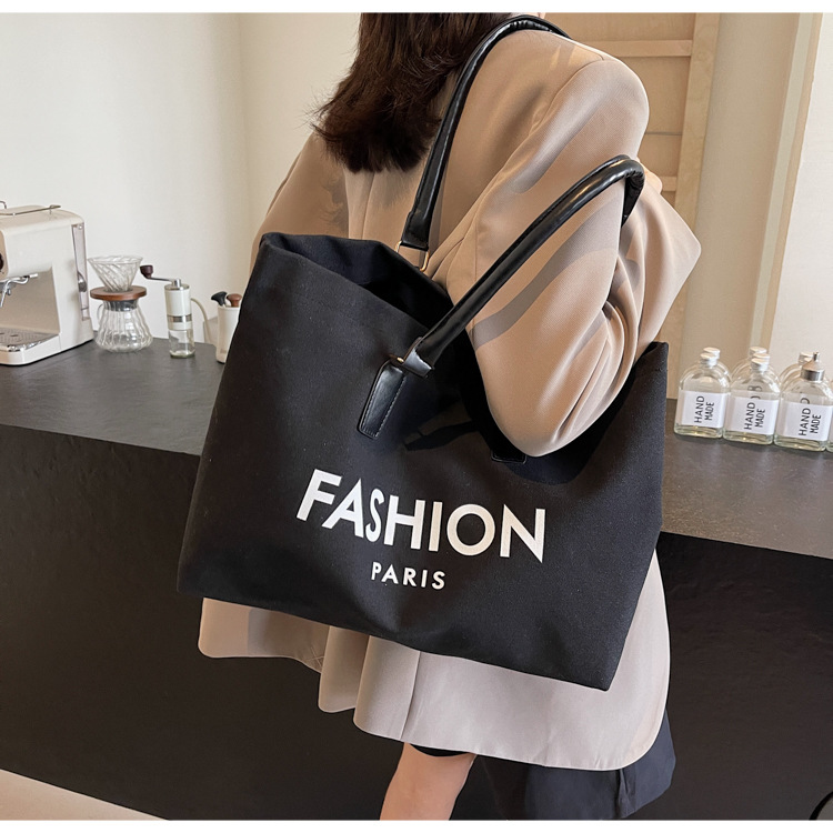 262g Weight Polyester Lining Material Open Closure Type Single Shoulder Strap Strap Type Tote Bag Bags Type Holiday, Daily Occasion Canvas Material Letter Pattern All Seasons Season Women's Gender Classic Style Style Square Shape Large Size Women's Large Canvas Letter Classic Style Square Open Tote Bag 10