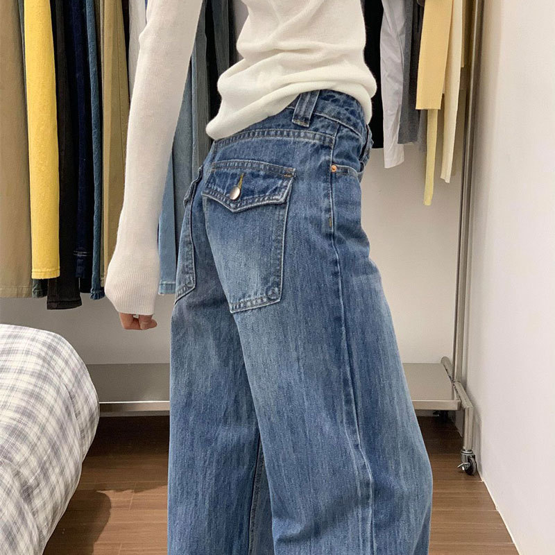 Plus-Size Women's Jeans American High Street Versatile Fat mm Blue Straight-Leg Floor-Length Design with Back Pockets Wide-Leg Long Pants Plus-Size Women's Jeans American High Street Versatile Fat mm Blue Straight-Leg Floor-Length Design with Back Pockets Wide-Leg Long Pants