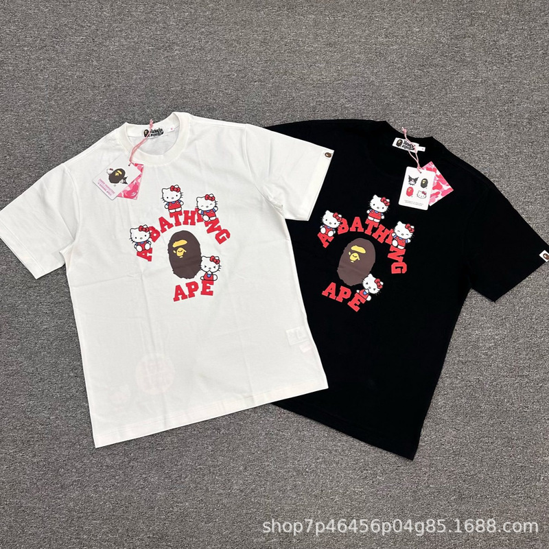 Trendy Brand Bape X Sanrio Collaboration Kuromi Ape Head Print Unisex Pure Cotton Loose Fit Crew Neck Short Sleeve T-Shirt Trendy Brand Bape X Sanrio Collaboration Kuromi Ape Head Print Unisex Pure Cotton Loose Fit Crew Neck Short Sleeve T-Shirt