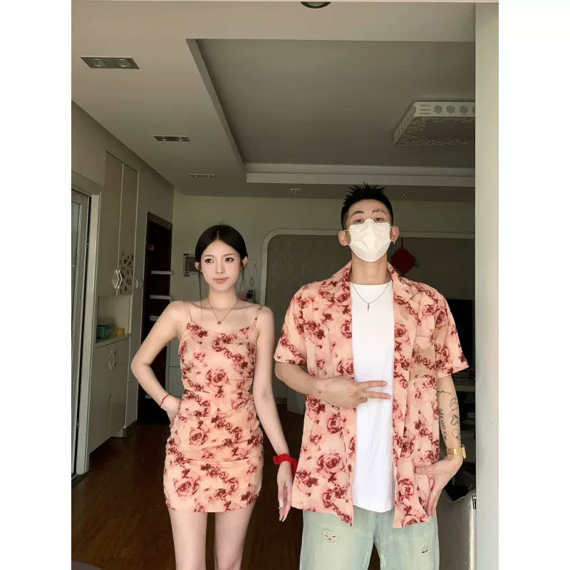 情侣装夏季新款三亚旅游海边度假风短款连衣裙男短袖衬衣一裙一衣