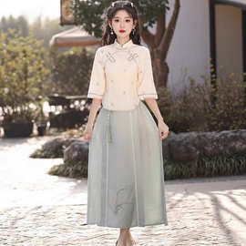 民国风国潮旗袍2024夏新款唐装茶服汉服复古薄款超仙日常两件套装