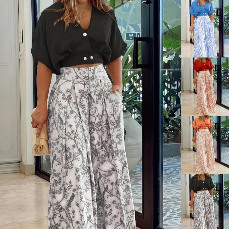 2022 Amazon cross-border European and American fashion V-neck short top shirt suit printed commuter wide-leg pants women's clothing